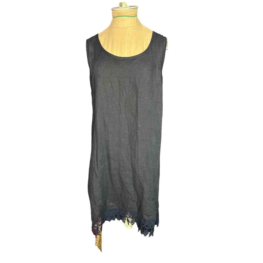Rosemarie Linen Blue Casual Comfort Dress Made in Italy Lace Bottom NWT Small.